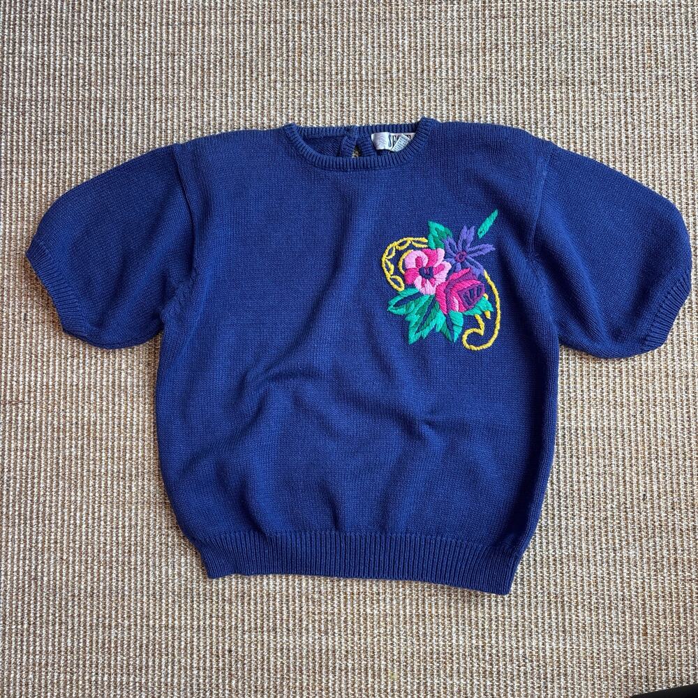 🌸 Segue Vintage Floral Embroidered Sweater | Size M | Navy Blue